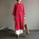 Buddha Stones Flower Jacquard Midi Dress Long Sleeve Cotton Linen Dress Wide Leg Pants With Pockets 29