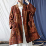 Buddha Stones Orange Flower Geometry Print Cotton Open Front Jacket With Pockets 27