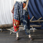Buddha Stones Blue Red Peony Flowers Patchwork Cotton Linen Harem Pants With Pockets Women's Harem Pants BS 13