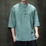 Buddha Stones Men's Chinese Frog-Button Tang Suit Half Sleeve Cotton Linen Shirt Men's Shirts BS MediumAquamarine 5XL(Fit for USUK/AU46; EU56)