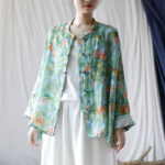 Buddha Stones Pink Flowers Green Leaves Print Frog-button Design Long Sleeve Ramie Linen Jacket Shirt Women's Shirts BS 35