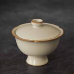 Buddha Stones Beige Plum Blossom Shape Peach Branch Ceramic Gaiwan Sancai Teacup Kung Fu Tea Cup With Lid Cup BS Beige Cup Bowl 8.4cm*7.2cm*100ml
