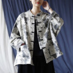 Buddha Stones Black Gray Print Frog-button Design Long Sleeve Cotton Linen Jacket Shirt With Pockets Women's Shirts BS 21