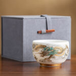 Buddha Stones Dragon Phoenix Auspicious Clouds Ceramic Teacup Kung Fu Tea Cup With Gift Box Cup BS Golden Dragon 7.5cm*5.5cm*140ml(Gift Box)