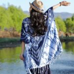 Buddha Stones Blue Striped Floral Indigo Dyeing Shawl Tassels Cozy Pullover 90*95cm 3
