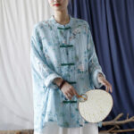 Buddha Stones Light Green Pink Flowers Green Leaves Frog-Button Long Sleeve Ramie Linen Jacket Shirt 32