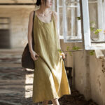 Buddha Stones Summer Spaghetti Strap Handmade Tie Dye Linen Midi Cami Dress Midi Dress BS 1