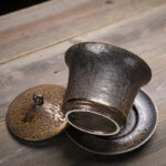 Buddha Stones Retro Rust Glaze Ceramic Gaiwan Sancai Teacup Kung Fu Tea Cup And Saucer With Lid Cup BS 2