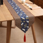 Buddha Stones Classic Chinese Style Lotus Koi Fish Flower Crane Calligraphy Enlightenment Cotton Linen Tassels Table Runner Table Runner BS Brown Blue Crane 30*180cm