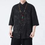 Buddha Stones Peach Blossom Bamboo Leaves Frog-button Chinese Half Sleeve Shirt Men T-shirt T-shirt BS 5