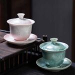Buddha Stones Traditional Glaze Ceramic Gaiwan Sancai Teacup Kung Fu Tea Cup And Saucer With Lid 180ml Cup BS 13