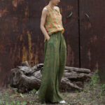 Buddha Stones Green Yellow Ramie Linen Flexible Waistband Wide Leg Pants With Pockets Women's Wide Leg Pants BS 23