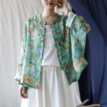 Buddha Stones Pink Flowers Green Leaves Print Frog-button Design Long Sleeve Ramie Linen Jacket Shirt Women's Shirts BS 44