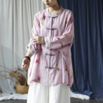 Buddha Stones Pink Flower Print Frog-button Design Batwing Long Sleeve Ramie Linen Jacket Shirt Women's Shirts BS 30