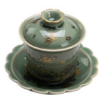 Buddha Stones Green Porcelain Butterfly Flower Salmon Fish Ceramic Gaiwan Sancai Teacup Kung Fu Tea Cup And Saucer With Lid Cup BS 11