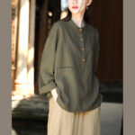 Buddha Stones Solid Color Loose Button Blouse Long Sleeve Shirt Top Long Sleeve Shirt BS 22