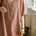 Buddha Stones Handmade Tie Dye V-Neck Midi Dress Linen Short Sleeve Dress 17