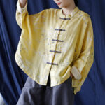 Buddha Stones Yellow Phoenix Print Frog-button Design Long Sleeve Ramie Linen Jacket Shirt Women's Shirts BS 17