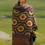 Buddha Stones Tibetan Shawl Brown Blue Red Geometric Shapes Pattern Winter Cozy Travel Scarf Wrap Tibetan Shawl BS 10