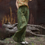 Buddha Stones Green Yellow Ramie Linen Flexible Waistband Wide Leg Pants With Pockets Women's Wide Leg Pants BS 7