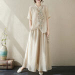 Buddha Stones 2Pcs Flower Embroidery Short Sleeve Tee T-shirt Wide Leg Pants Set 2-Piece Outfit BS 6