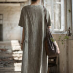 Buddha Stones Handmade Tie Dye V-Neck Midi Dress Linen Short Sleeve Dress 20