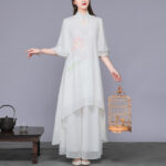 Buddha Stones 2Pcs Lotus Flower Cheongsam Midi Dress Wide Leg Pants Chiffon Zen Women's Set Women's Meditation Cloth BS 1
