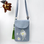Buddha Stones Small Embroidered Flowers Crossbody Bag Shoulder Bag Double Layer Cellphone Bag Crossbody Bag BS Gray Blue Epiphyllum 13.5*19.5*2.5cm