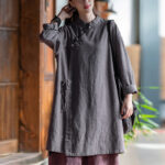 Buddha Stones Vintage Cotton Linen Blouse Women Long Sleeve Shirt Chinese Hanfu Top Long Sleeve Shirt BS Gray(Bust 130cm)(Top Only)