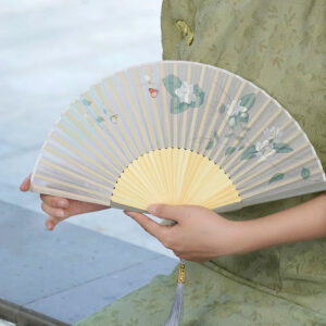 Buddha Stones Jasmine Flowers Handheld Bamboo Folding Fan Folding Fan BS Jasmine