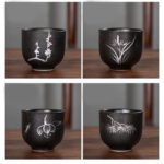 Buddha Stones Hand Painted Lotus Flower Bamboo Chrysanthemum Black Pottery Ceramic Teacup Kung Fu Tea Cup 95ml Cup BS 19