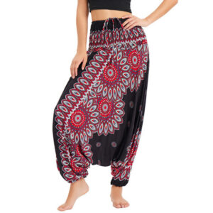 Buddha Stones Two Style Wear Sunflower Loose Smocked Harem Trousers Jumpsuit High Waist Pants Harem Pants BS Black(Waist 60-100cm/Length 105cm)