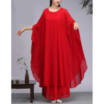 Buddha Stones Simple Pattern Midi Dress Wide Leg Pants Meditation Spiritual Zen Practice Yoga Dance Clothing Women's Meditation Cloth BS 10