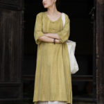 Buddha Stones Handmade Tie Dye Ramie Linen Frog-Button Midi Dress Wide Leg Pants With Pockets Midi Dress&Wide Leg Pants BS Yellow Dress(Dress Only) F(Fit for US4-8/10; UK/AU8-12/14; EU36-40/42)