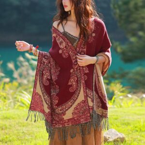 Buddha Stones Tibetan Vine Leaves Pattern Design Shawl Cozy Travel Scarf Wrap Tibetan Shawl BS Red Beige