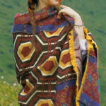 Buddha Stones Tibetan Shawl Brown Blue Red Geometric Shapes Pattern Winter Cozy Travel Scarf Wrap Tibetan Shawl BS 17