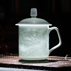 Buddha Stones Jingdezhen White Porcelain Handmade Great Wall Landscape Engraved Ceramic Teacup Office Mug Tea Cups Cup BS Great Wall 8.5cm*14.5cm*400ml