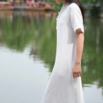 Buddha Stones Frog-Button Midi Dress Cotton Linen Short Sleeve Dress With Pockets Midi Dress BS 18