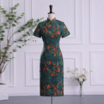 Buddha Stones Retro Flower Lotus Peony Feather Print Qipao Dress Women's Cheongsam Dress Cheongsam Dresses BS Green Flower Suitable for Weight 77.5kg