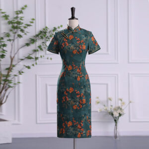 Buddha Stones Retro Flower Lotus Peony Feather Print Qipao Dress Women's Cheongsam Dress Cheongsam Dresses BS Green Flower Suitable for Weight 77.5kg