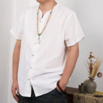 Buddha Stones Men's Short Sleeve Button Down Cotton Linen Shirt Men's Shirts BS 1