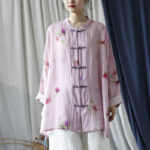 Buddha Stones Pink Flower Print Frog-button Design Batwing Long Sleeve Ramie Linen Jacket Shirt Women's Shirts BS 33
