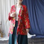 Buddha Stones Ethnic Style Northeast Red Flower Peony Print Cotton Linen Lace Up Jacket 18