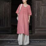 Buddha Stones Handmade Tie Dye Ramie Linen Frog-Button Midi Dress Wide Leg Pants With Pockets Midi Dress&Wide Leg Pants BS 14