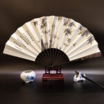 Buddha Stones Great Wall Mountains Trees Crane Bamboo Handheld Silk Bamboo Folding Fan 33.5cm Folding Fan BS Bamboo 33.5cm