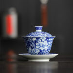 Buddha Stones Vintage Blue And White Porcelain Ceramic Gaiwan Sancai Teacup Kung Fu Tea Cup And Saucer With Lid Cup BS 12