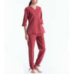 Buddha Stones Yoga Meditation Prayer V-neck Design Cotton Linen Clothing Uniform Zen Practice Women's Set Clothes BS Red XXL