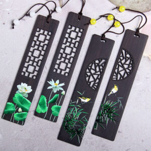 Buddha Stones Green Lotus Bamboo Oriole Ebony Wood Bookmarks With Gift Box Bookmarks BS main