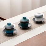 Buddha Stones Retro Blue Ocean Sea Waves Gradient Ceramic Gaiwan Sancai Teacup Kung Fu Tea Cup And Saucer With Lid Cup BS 12