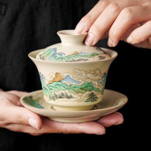 Buddha Stones A Panorama of Rivers and Mountains Flowers Ceramic Gaiwan Sancai Teacup Kung Fu Tea Cup And Saucer With Lid Cup BS A Panorama of Rivers and Mountains 12cm*9cm*100ml